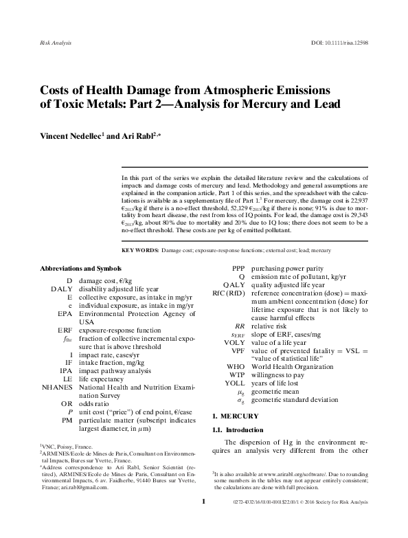(PDF) Costs of Health Damage from Atmospheric Emissions of Toxic Metals ...