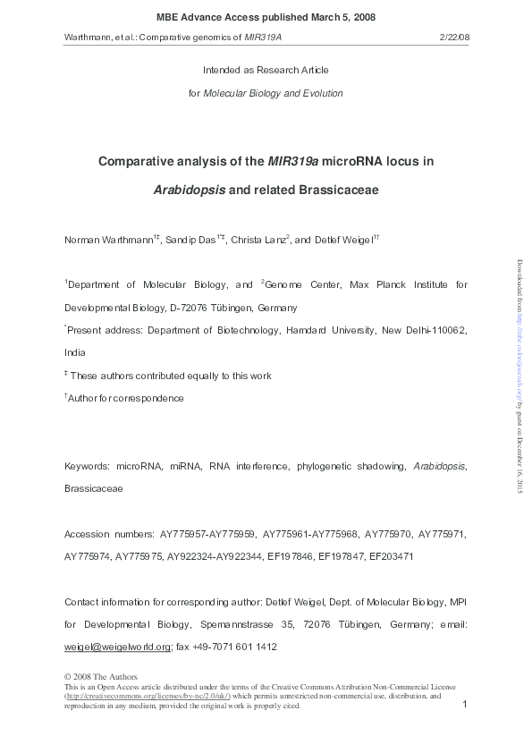 (PDF) Comparative Analysis of the MIR319a MicroRNA Locus In Arabidopsis ...