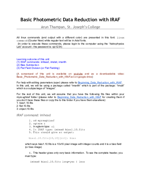 (DOC) Basic Photometric Data Reduction with IRAF