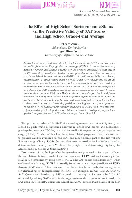 (PDF) The Effect of High School Socioeconomic Status on the Predictive ...