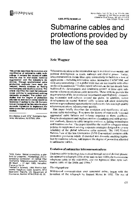 (PDF) Submarine cables and protections provided by the law of the sea