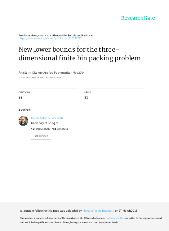 (PDF) New lower bounds for the threedimensional finite bin packing