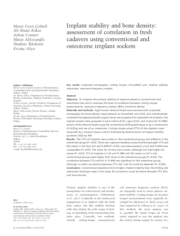 (PDF) Implant stability and bone density: assessment of correlation in ...