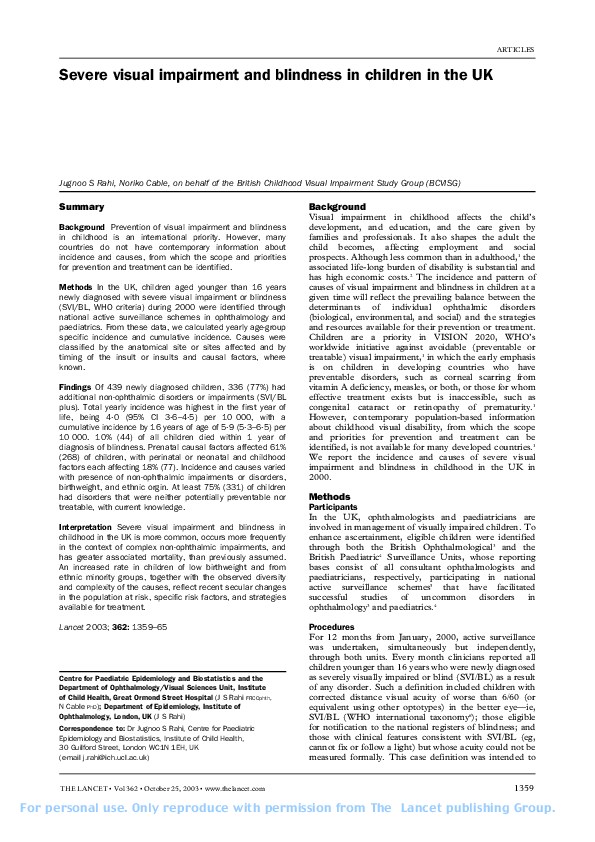 (PDF) Severe visual impairment and blindness in children in the UK