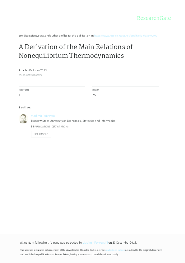 (PDF) A Derivation of the Main Relations of Nonequilibrium Thermodynamics