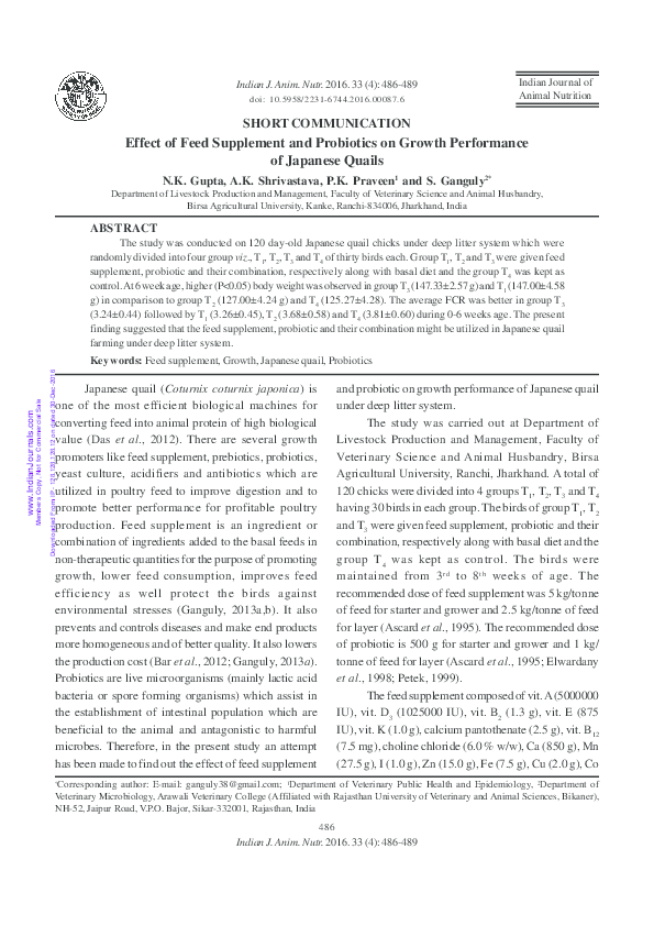 (PDF) Effect of Feed Supplement and Probiotics on Growth Performance of ...
