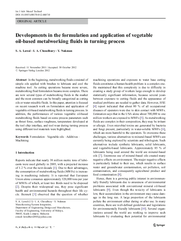 (PDF) Developments in the formulation and application of vegetable oil