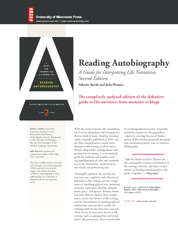 Pdf Reading Autobiography A Guide For Interpreting Life Narratives Second Edition Abstract Only Sidonie Smith And Julia Watson Academia Edu Pdf Reading Autobiography A Guide For Interpreting Life Narratives Second Edition Abstract Only Sidonie Smith And Julia Watson Academia Edu