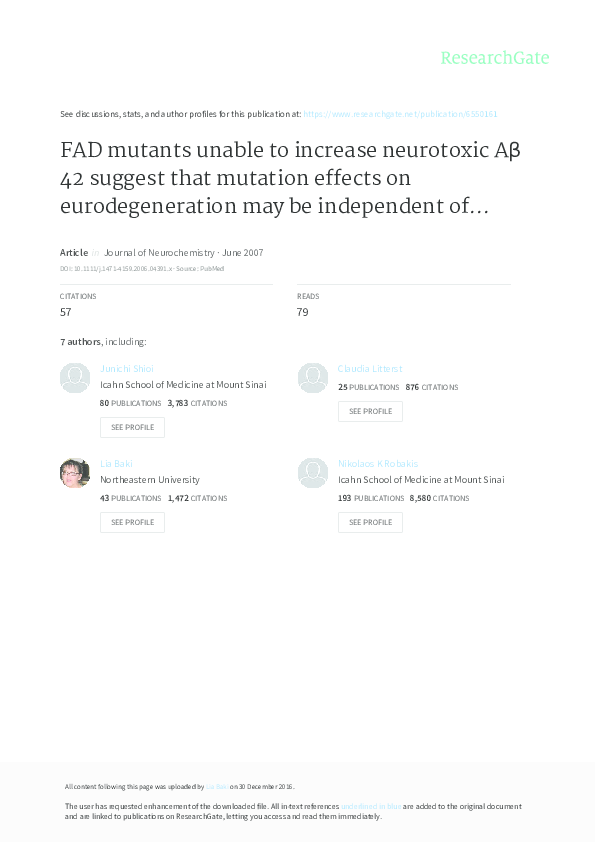 (PDF) FAD mutants unable to increase neurotoxic Aβ 42 suggest that ...