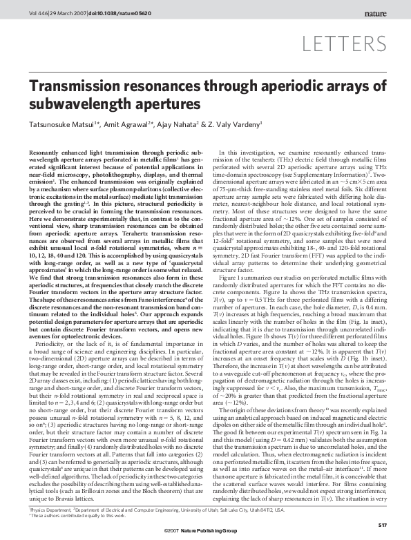 (PDF) Transmission resonances through aperiodic arrays of subwavelength ...