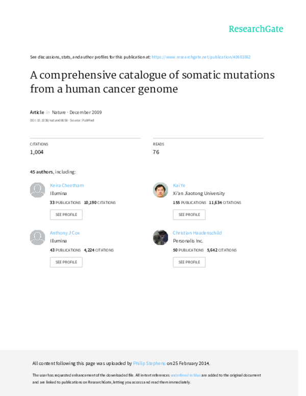 (PDF) A comprehensive catalogue of somatic mutations from a human ...