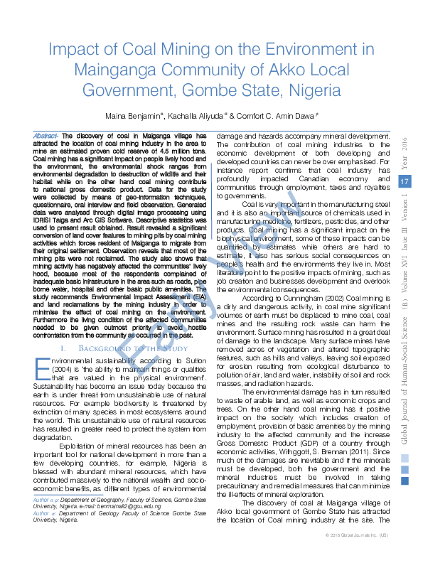 (PDF) Impact of Coal Mining on the Environment in Mainganga Community ...