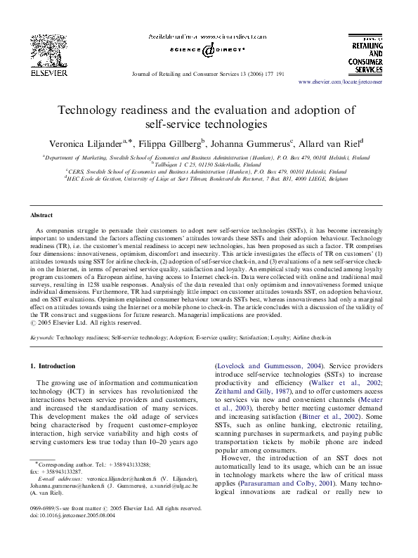 Pdf Technology Readiness And The Evaluation And Adoption Of Self Pdf Technology Readiness And The Evaluation And Adoption Of Self
