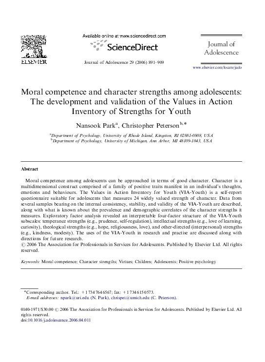 (PDF) Moral competence and character strengths among adolescents: The ...