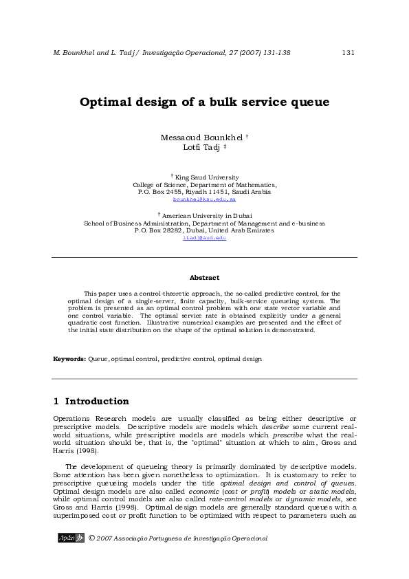 (PDF) Optimal design of a bulk service queue
