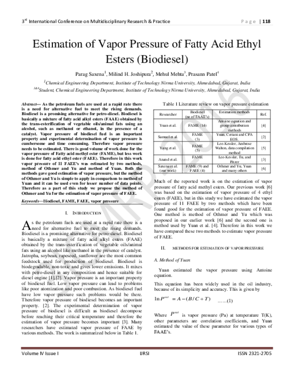 (PDF) Estimation of Vapor Pressure of Fatty Acid Ethyl Esters