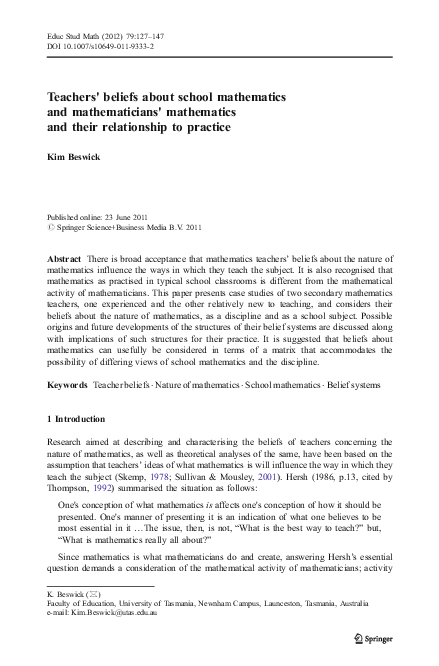 (PDF) Teachers' beliefs about school mathematics and mathematicians ...