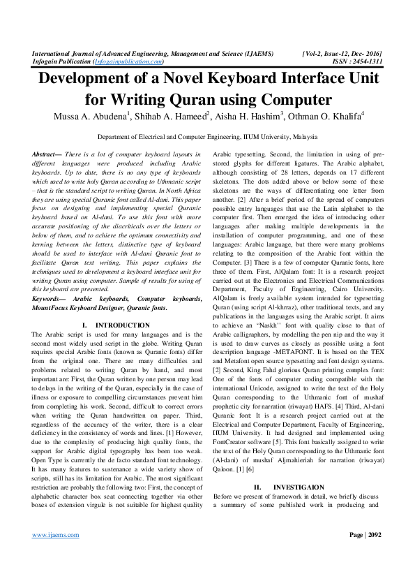 Pdf Development Of A Novel Keyboard Interface Unit For Writing Quran Using Computer Ijaers Journal Academia Edu