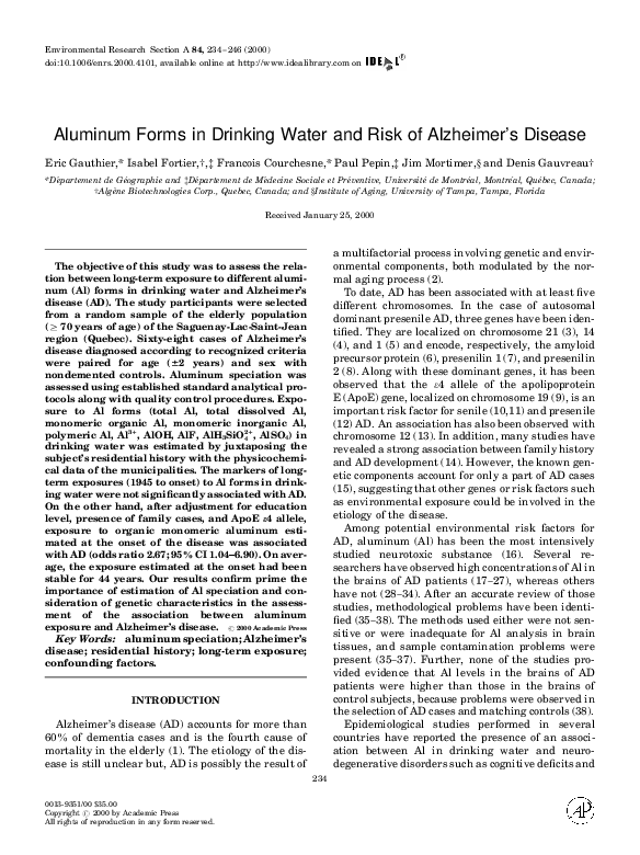 (PDF) Aluminum forms in drinking water and risk of Alzheimer's disease