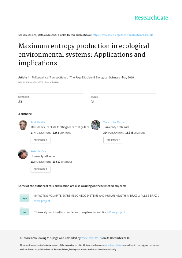 (PDF) Maximum entropy production in environmental and ecological systems