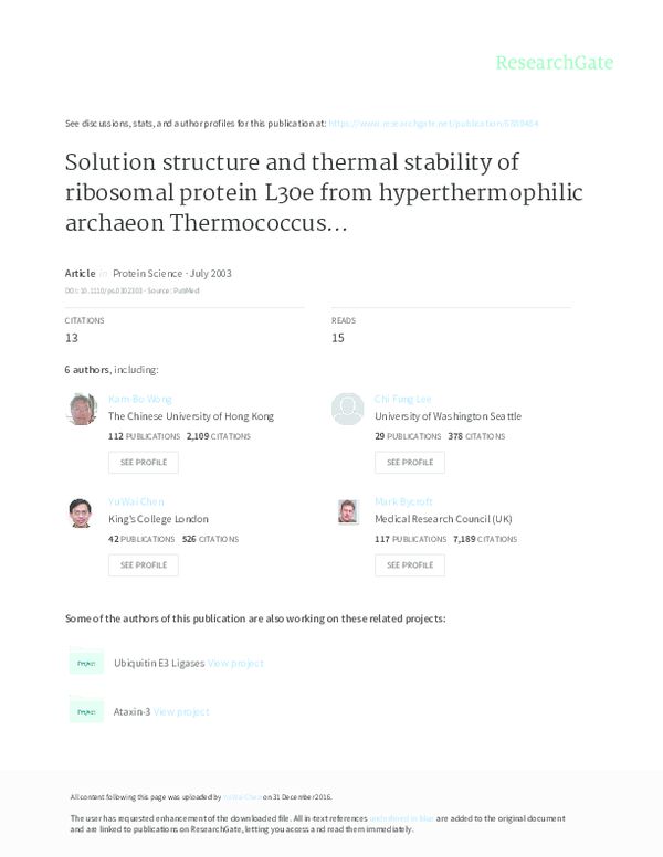 (PDF) Solution structure and thermal stability of ribosomal protein ...