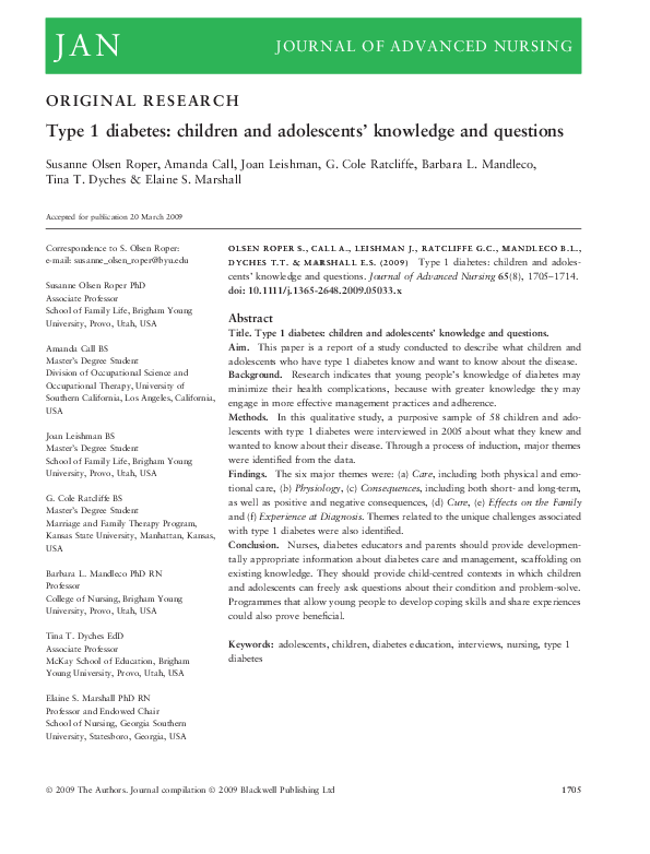 (PDF) Type 1 diabetes: children and adolescents' knowledge and questions