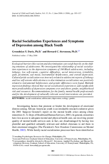 (PDF) Racial socialization experiences and symptoms of depression among ...