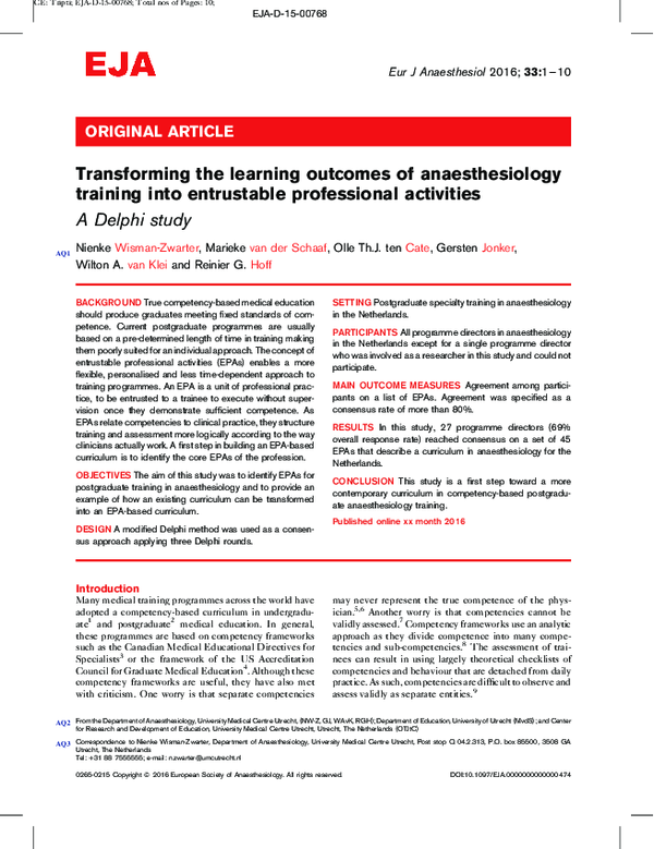 (PDF) Transforming the learning outcomes of anaesthesiology training ...
