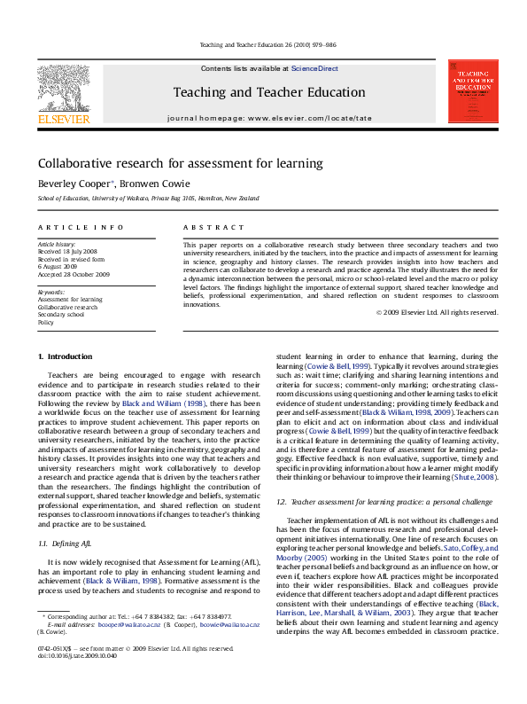 (PDF) Collaborative research for assessment for learning