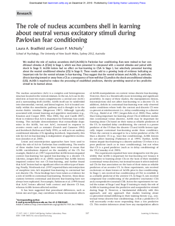 (PDF) The role of nucleus accumbens shell in learning about neutral ...