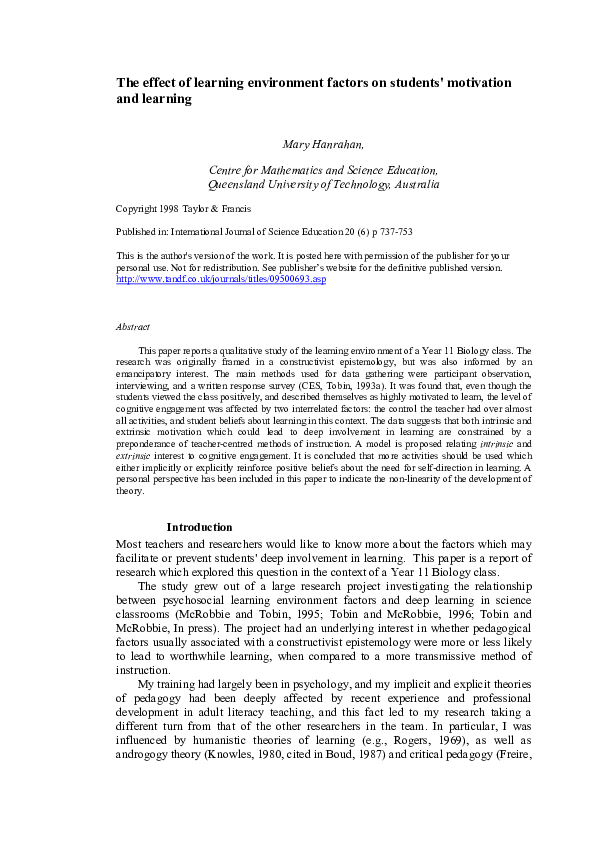 (PDF) The Effect of Learning Environment Factors on Students