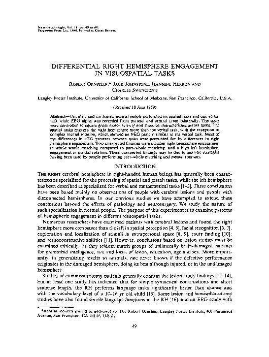 (PDF) Differential right hemisphere engagement in visuospatial tasks