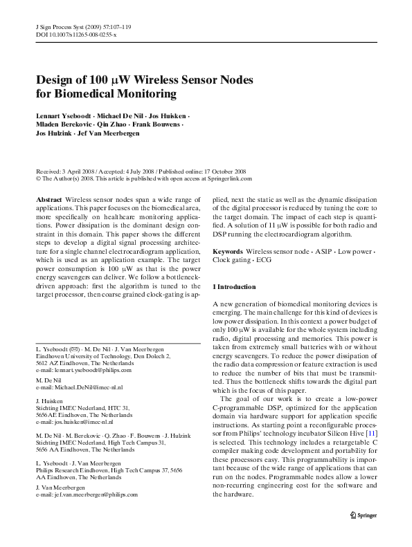 (PDF) Design of 100 μw wireless sensor nodes for biomedical monitoring