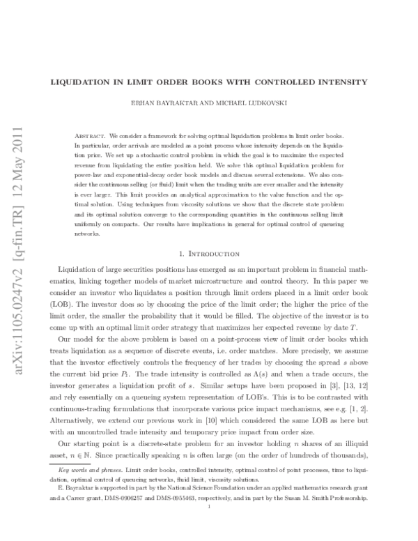 (PDF) Liquidation in limit order books with controlled intensity