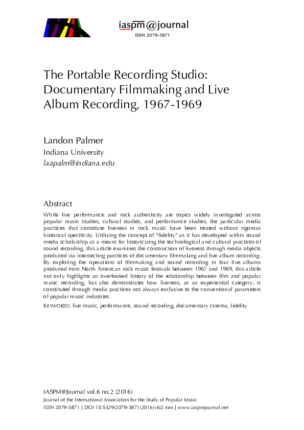 (PDF) The Portable Recording Studio Documentary Filmmaking and Live