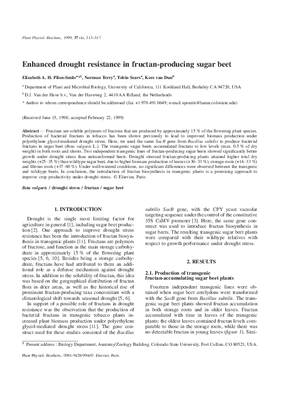 (PDF) Enhanced drought resistance in fructan-producing sugar beet