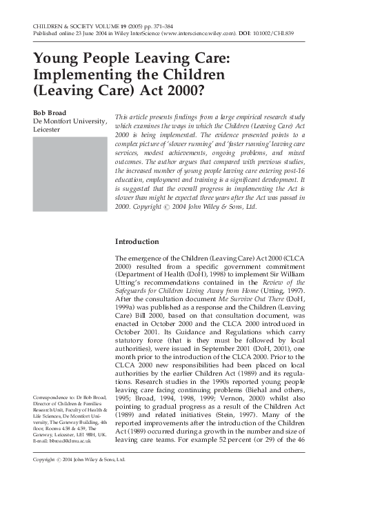 (PDF) Young people leaving care: implementing the children Leaving Care ...