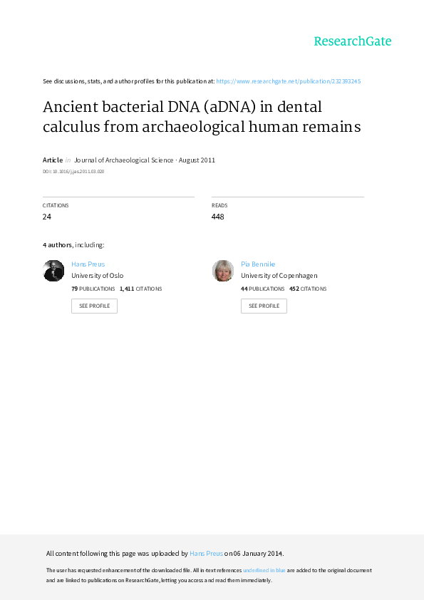 (PDF) Ancient bacterial DNA (aDNA) in dental calculus from