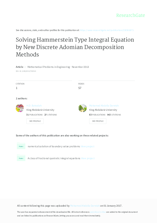(PDF) Solving Hammerstein Type Integral Equation by New Discrete