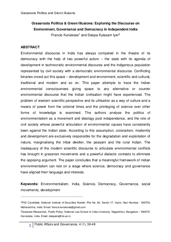 Pdf Grassroots Politics And Green Illusions Exploring The Discourse On Environment Governance And Democracy In Independent India Francis Kuriakose Academia Edu
