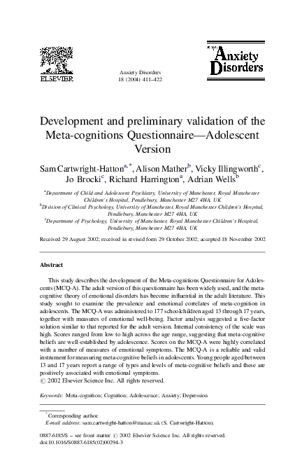 (PDF) Development and preliminary validation of the Meta-cognitions ...
