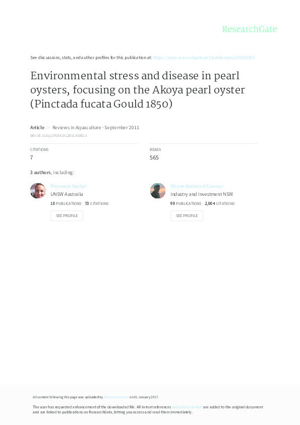 (PDF) Environmental stress and disease in pearl oysters, focusing on