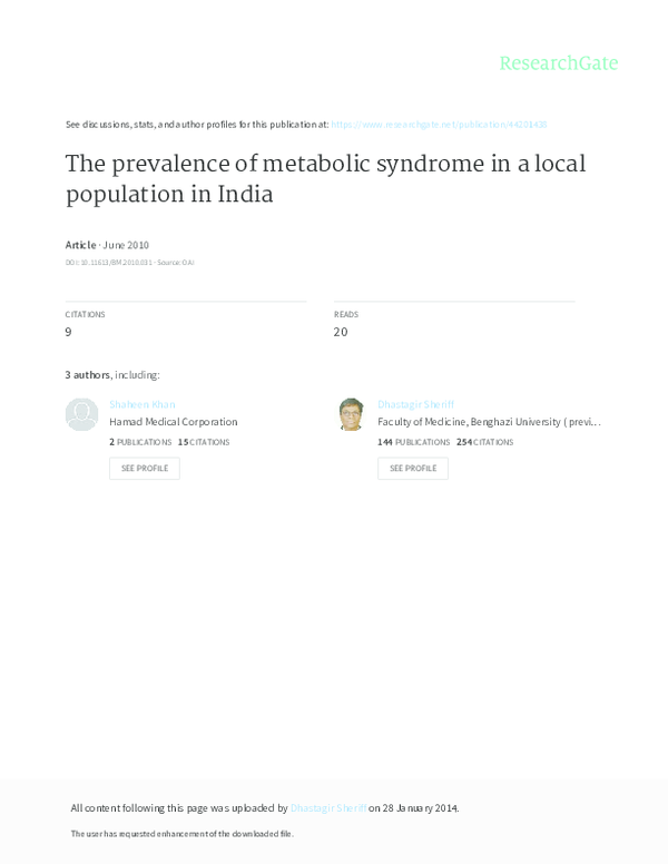 (PDF) The prevalence of metabolic syndrome in a local population in India