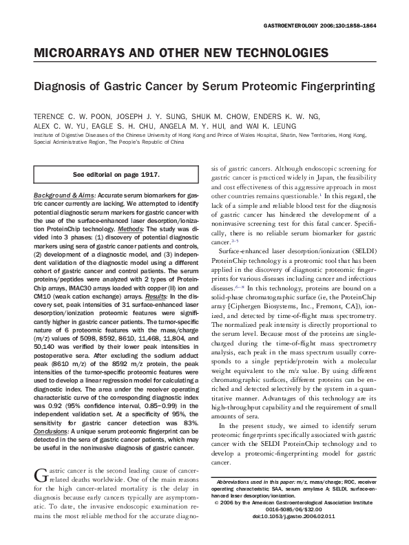 (PDF) Diagnosis of gastric cancer by serum proteomic fingerprinting