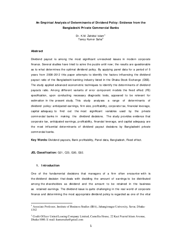 (PDF) An Empirical Analysis of Determinants of Dividend Policy ...