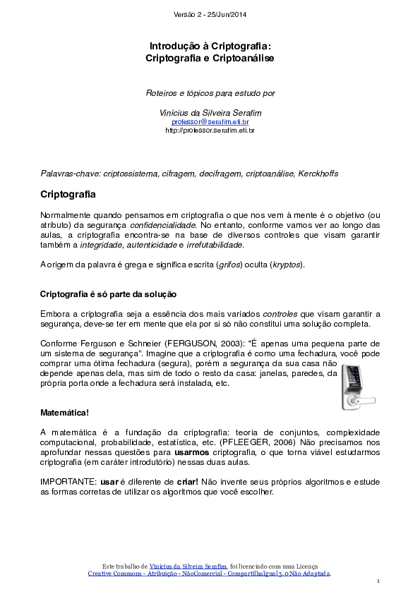 Pdf Introdução à Criptografia Criptografia E Criptoanálise