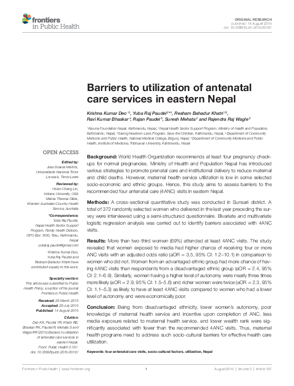 (PDF) Barriers to utilization of antenatal care services in eastern nepal