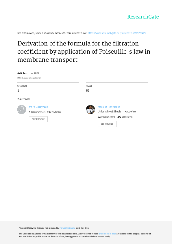 (PDF) Derivation of the formula for the filtration coefficient by