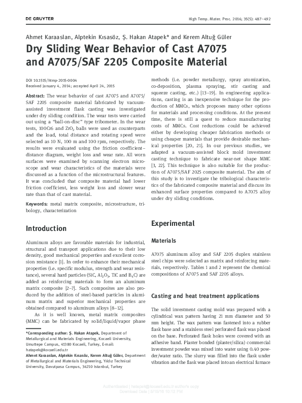 (PDF) Dry Sliding Wear Behavior of Cast A7075 and A7075/SAF 2205 ...