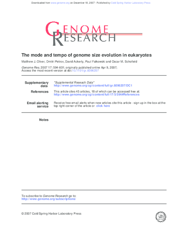 (PDF) The mode and tempo of genome size evolution in eukaryotes